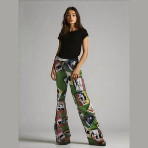 Day and Night Flare Pants Womens M Green Fashion Allover Graphic Print USA NWOT